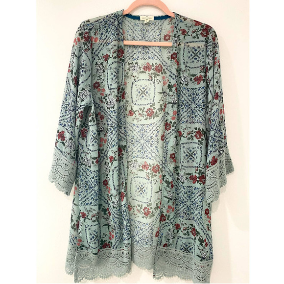 Mason & Belle Tops - Kimono Women's Size Large Floral Green Lace Trimmed Boho Cottage Core Cardigan